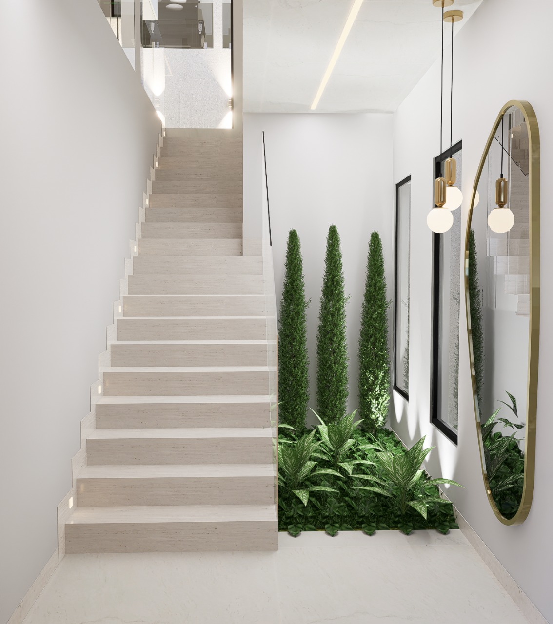 Vista do quarto com armário e iluminação de led